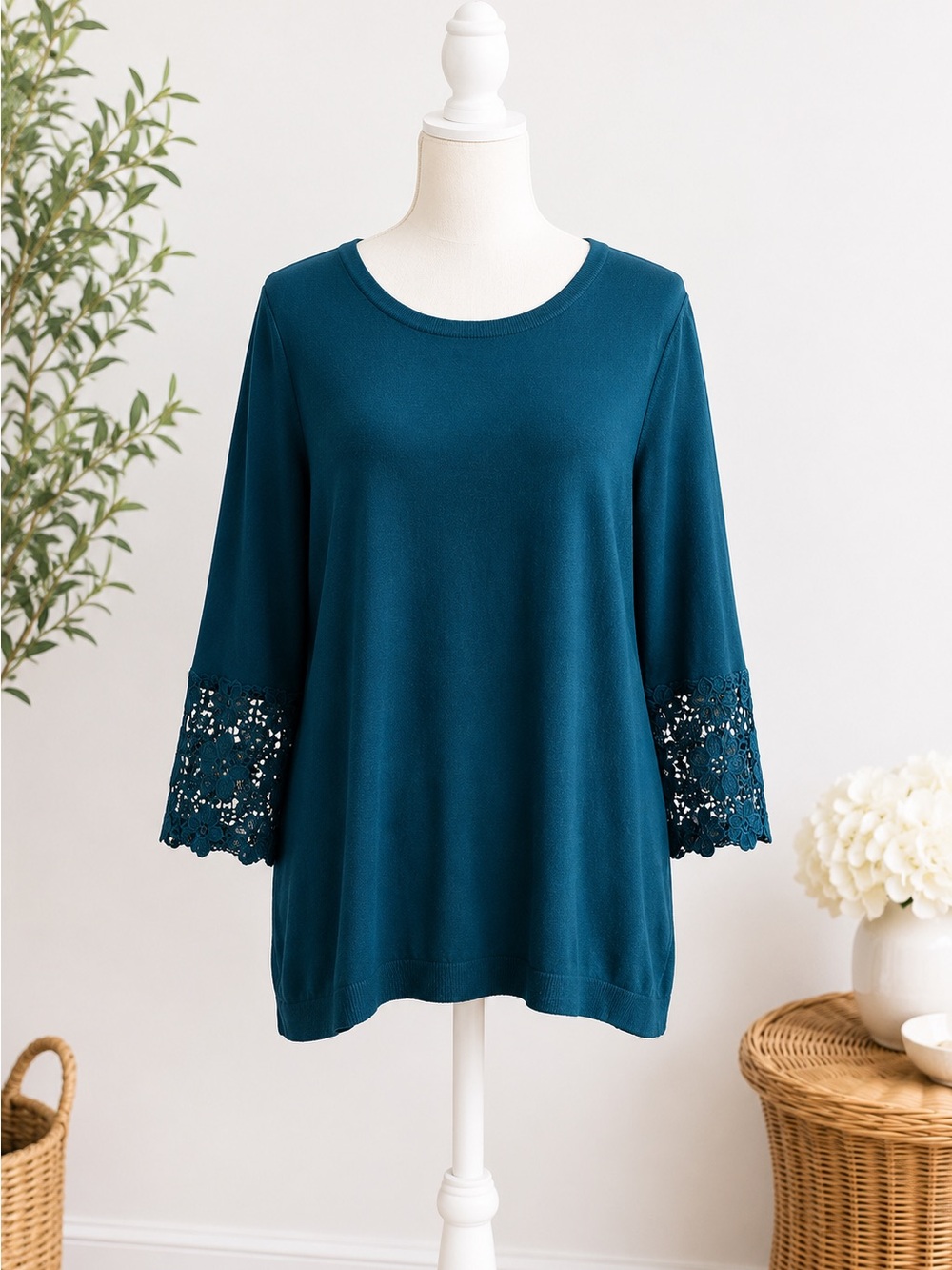 Talbots Petite Large Teal Cotton Rayon Crochet Sleeve Tunic Sweater Top LP